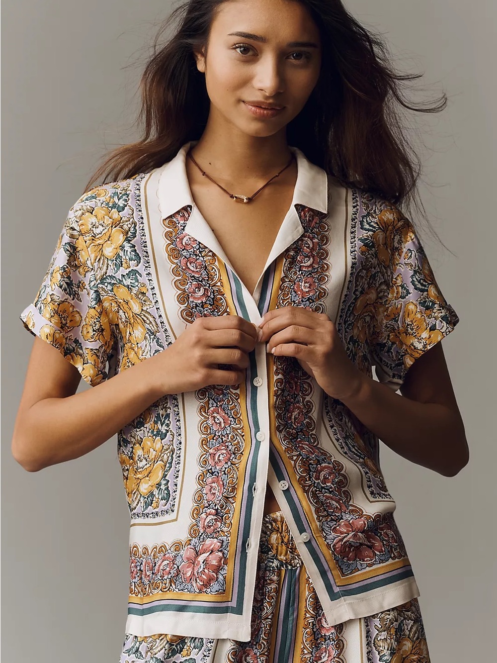 NWT Anthropologie Brenna Short-Sleeve Buttondown Shirt Floral Border Boho Sz S